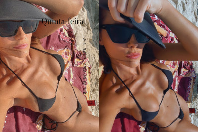 Deborah Secco coloca o bronze em dia ao posar de biquíni após desfile na Sapucaí