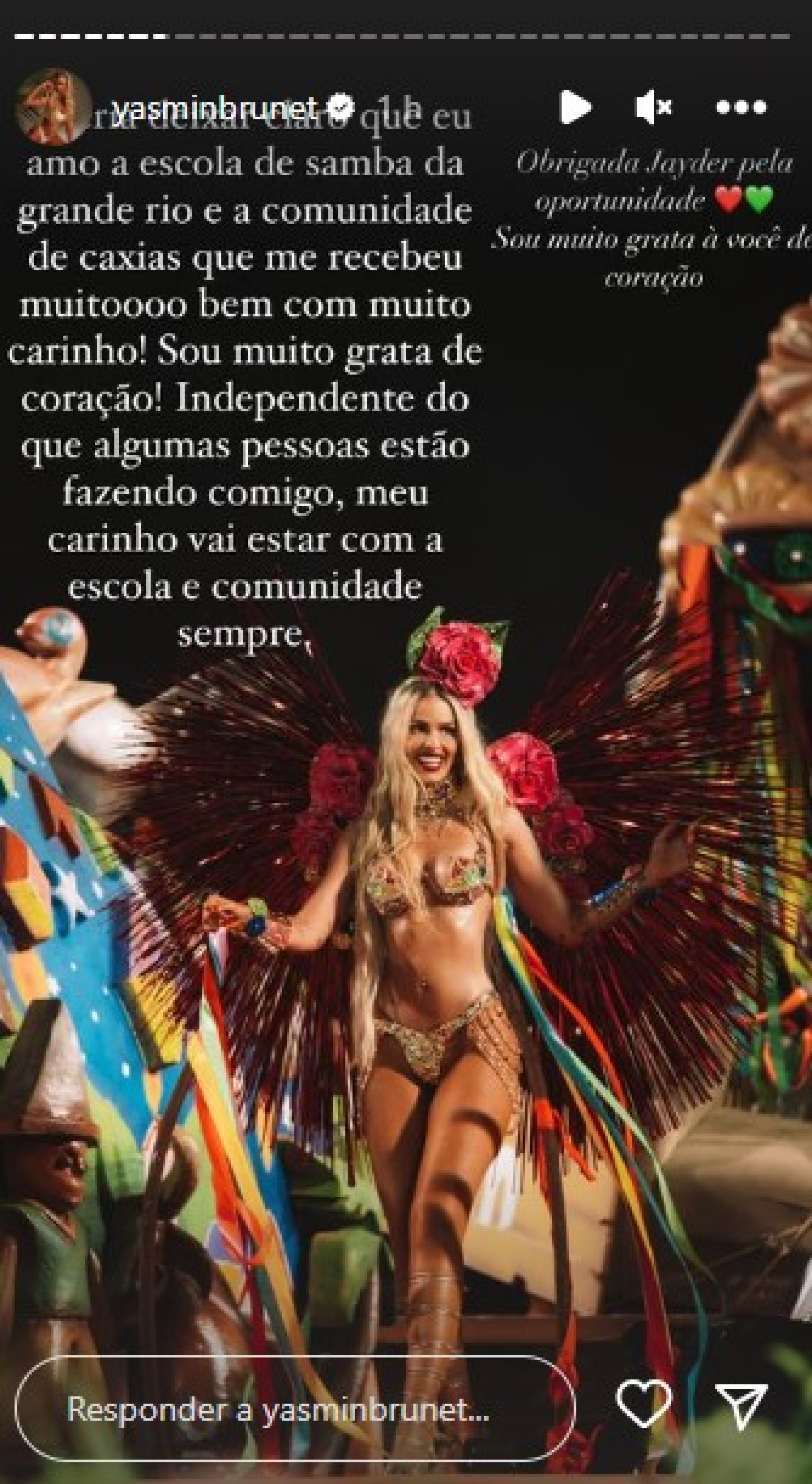 Yasmin Brunet usa Instagram para desabafar sobre desfile com a Grande Rio - Reprodução Internet