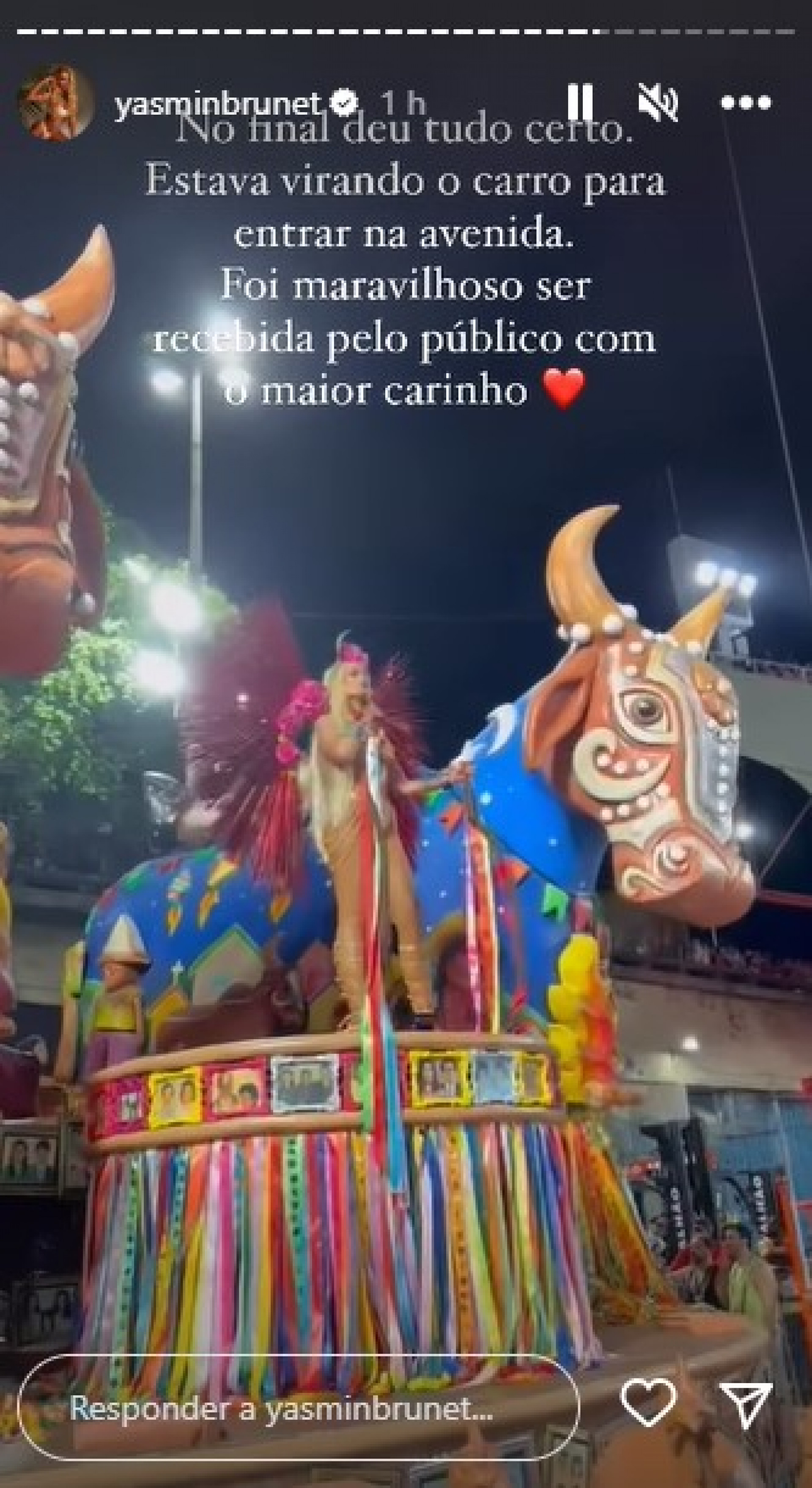 Yasmin Brunet usa Instagram para desabafar sobre desfile com a Grande Rio - Reprodução Internet