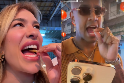 Na Tailândia, Lore Improta e Léo Santana comem minhoca