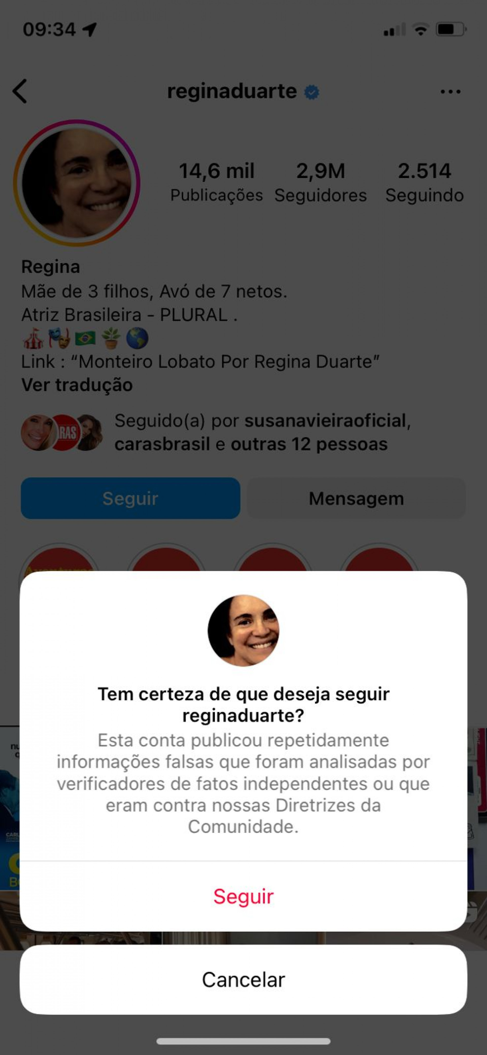 Regina Duarte é punida pelo Instagram por espalhar notícias falsas - Reprodução Internet
