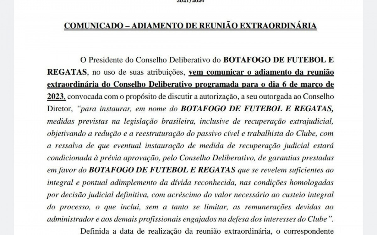 Comunicado sobre o adiamento da reunião no Conselho Deliberativo do Botafogo