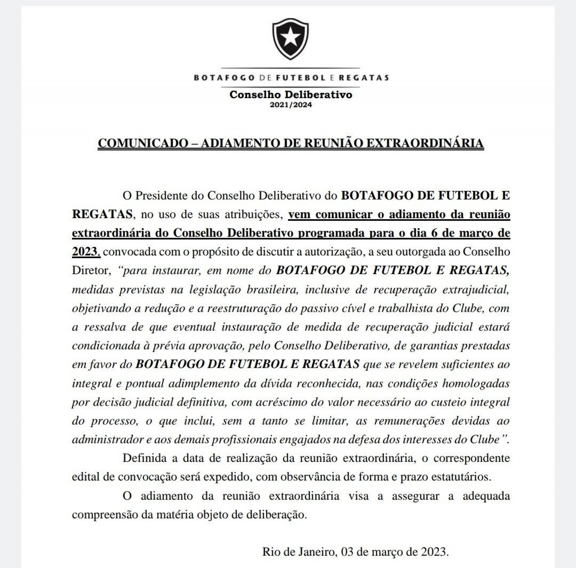Comunicado sobre o adiamento da reunião no Conselho Deliberativo do Botafogo - Reprodução