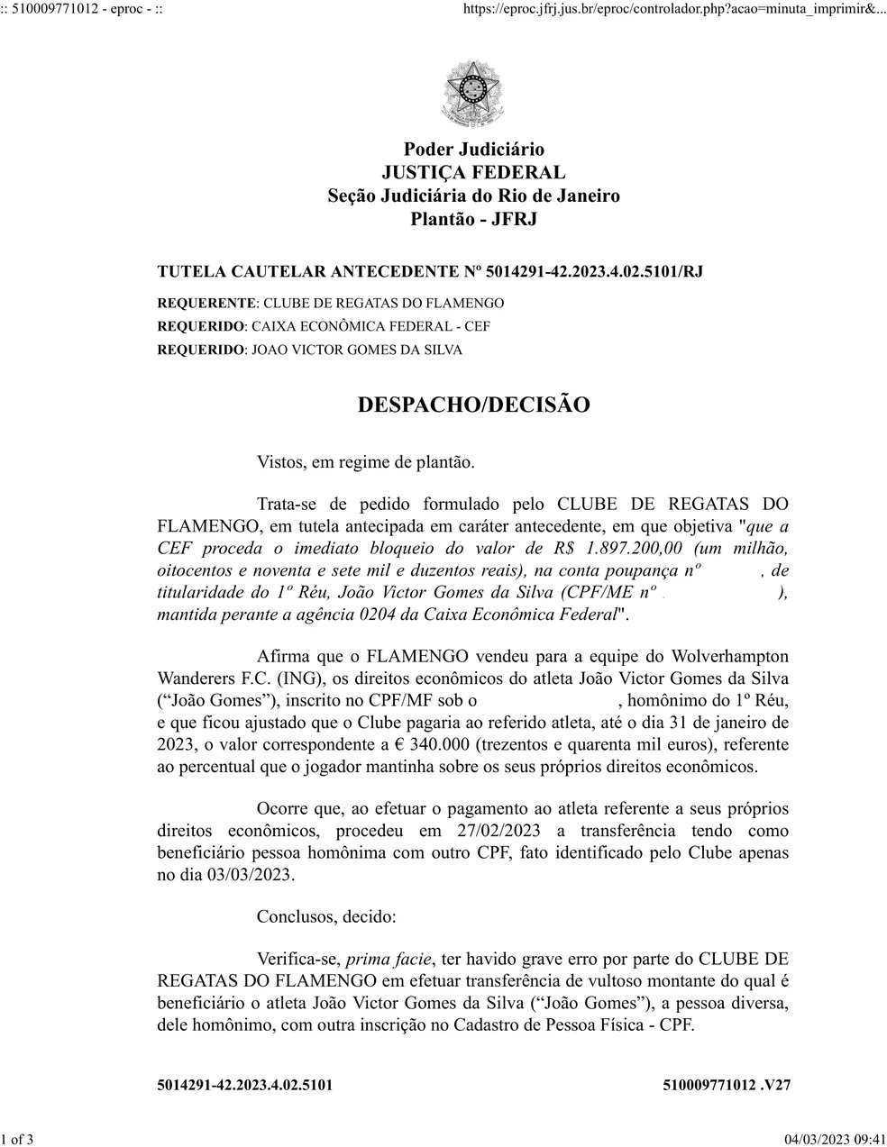Flamengo transferiu quase R$ 2 milh&otilde;es para Jo&atilde;o Gomes errado - Reprodu&ccedil;&atilde;o