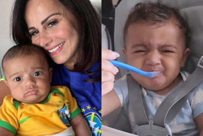 Fofura! Filho de Viviane Araújo faz caras e bocas ao comer primeira papinha