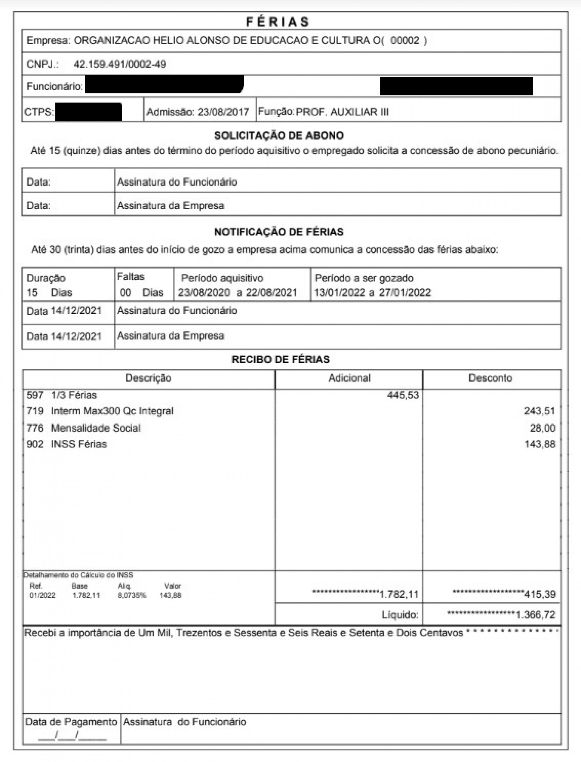 Contracheque de ex-professora, demitida em abril de 2022 - Arquivo Pessoal