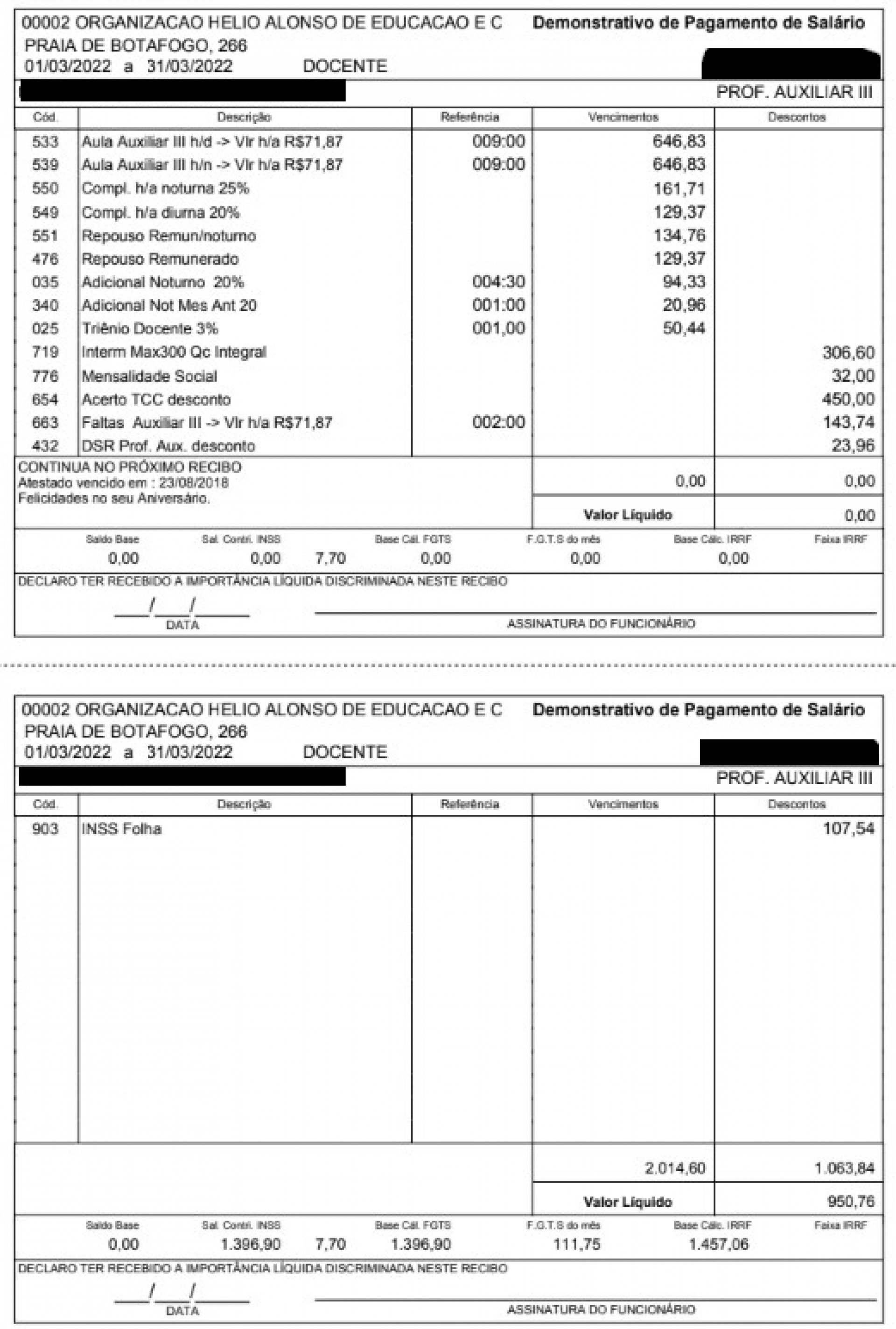 Contracheque de ex-professora, demitida em abril de 2022 - Arquivo Pessoal
