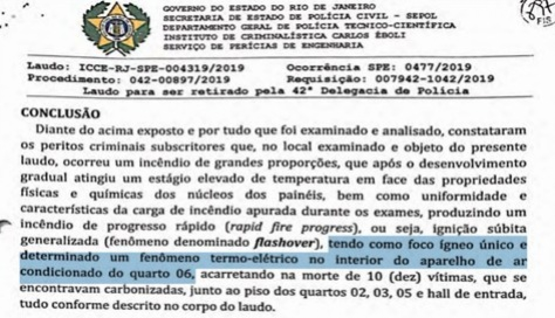 Laudo concluiu que a causa do incêndio partiu de um problema no interior do aparelho de ar-condicionado - Foto: Reprodução/Flamengo