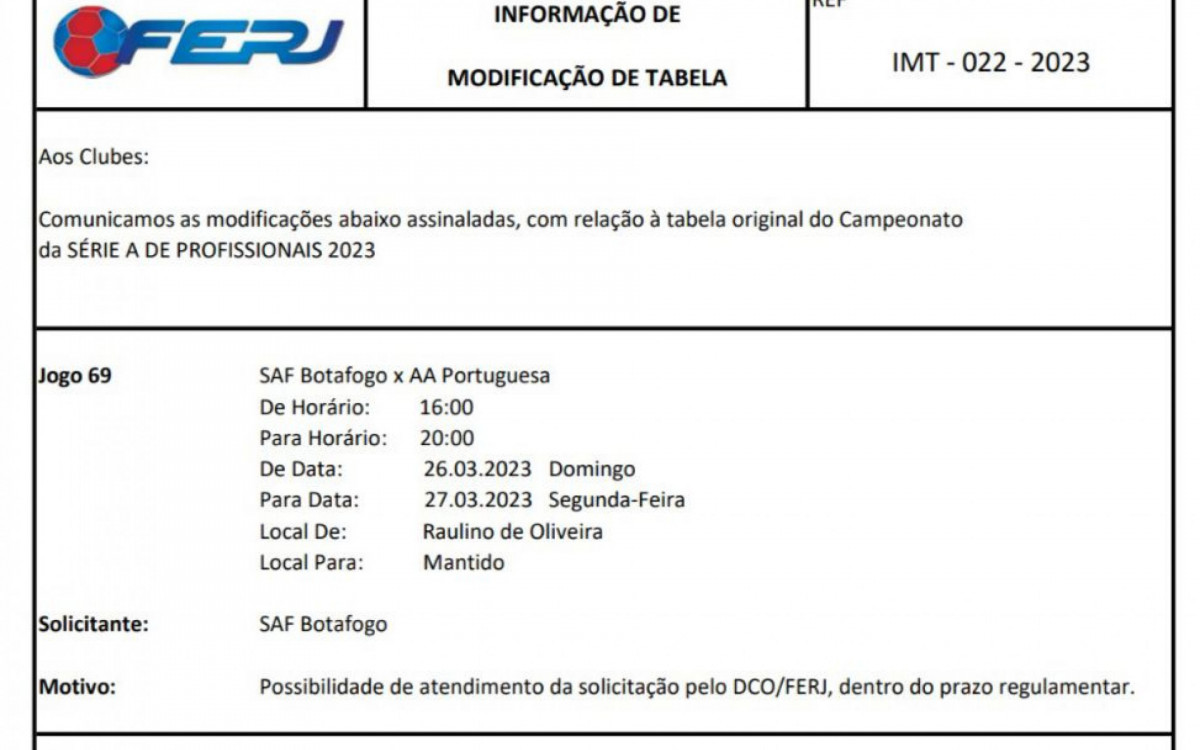 Documento com a confirma&ccedil;&atilde;o da altera&ccedil;&atilde;o da data e hor&aacute;rio do jogo da volta entre Botafogo e Portuguesa