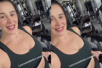 Claudia Raia leva filho de 1 mês para a academia ao retomar treino: 'Na luta'