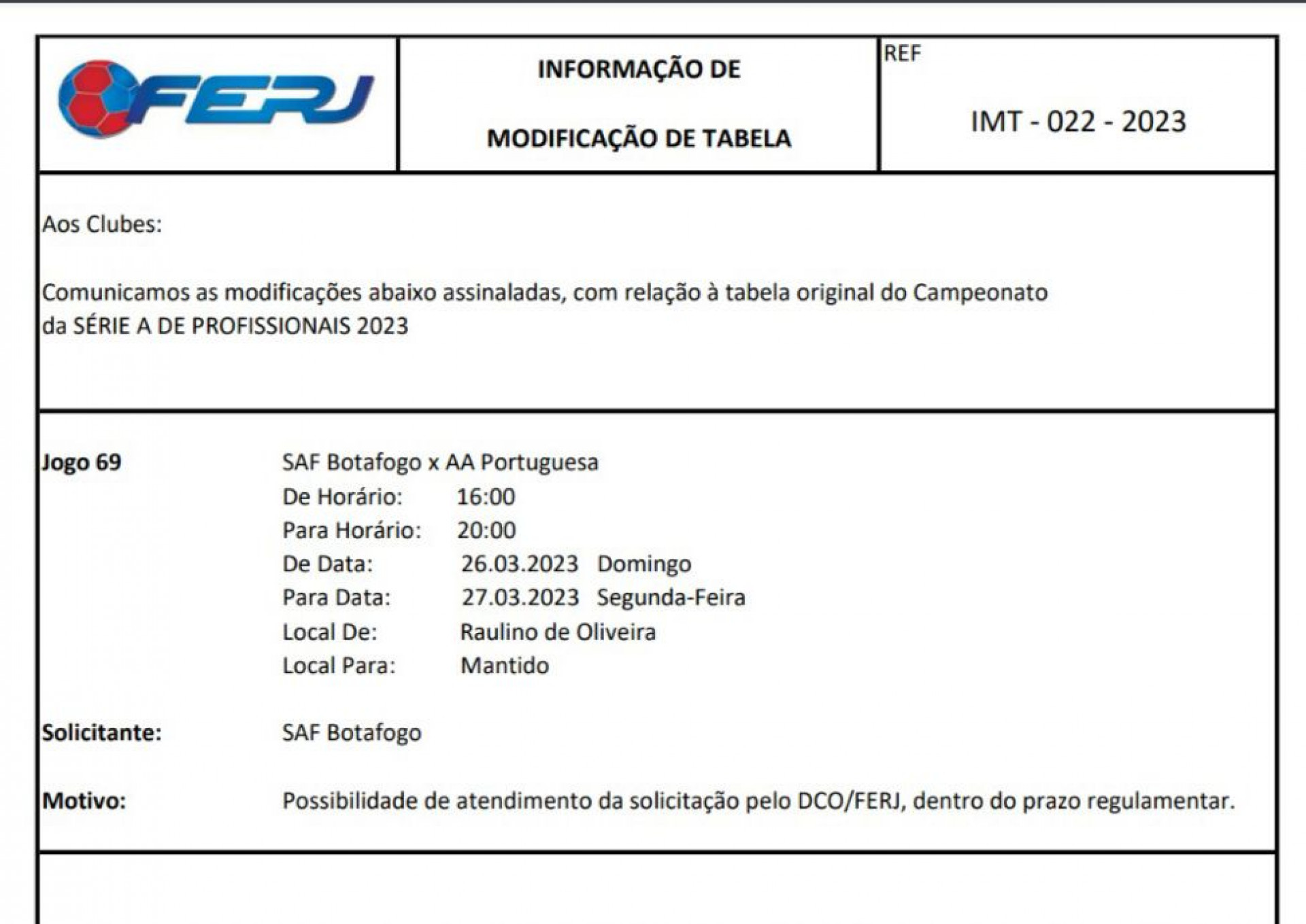 Documento com a confirma&ccedil;&atilde;o da altera&ccedil;&atilde;o da data e hor&aacute;rio do jogo da volta entre Botafogo e Portuguesa - Foto: Reprodu&ccedil;&atilde;o/Ferj