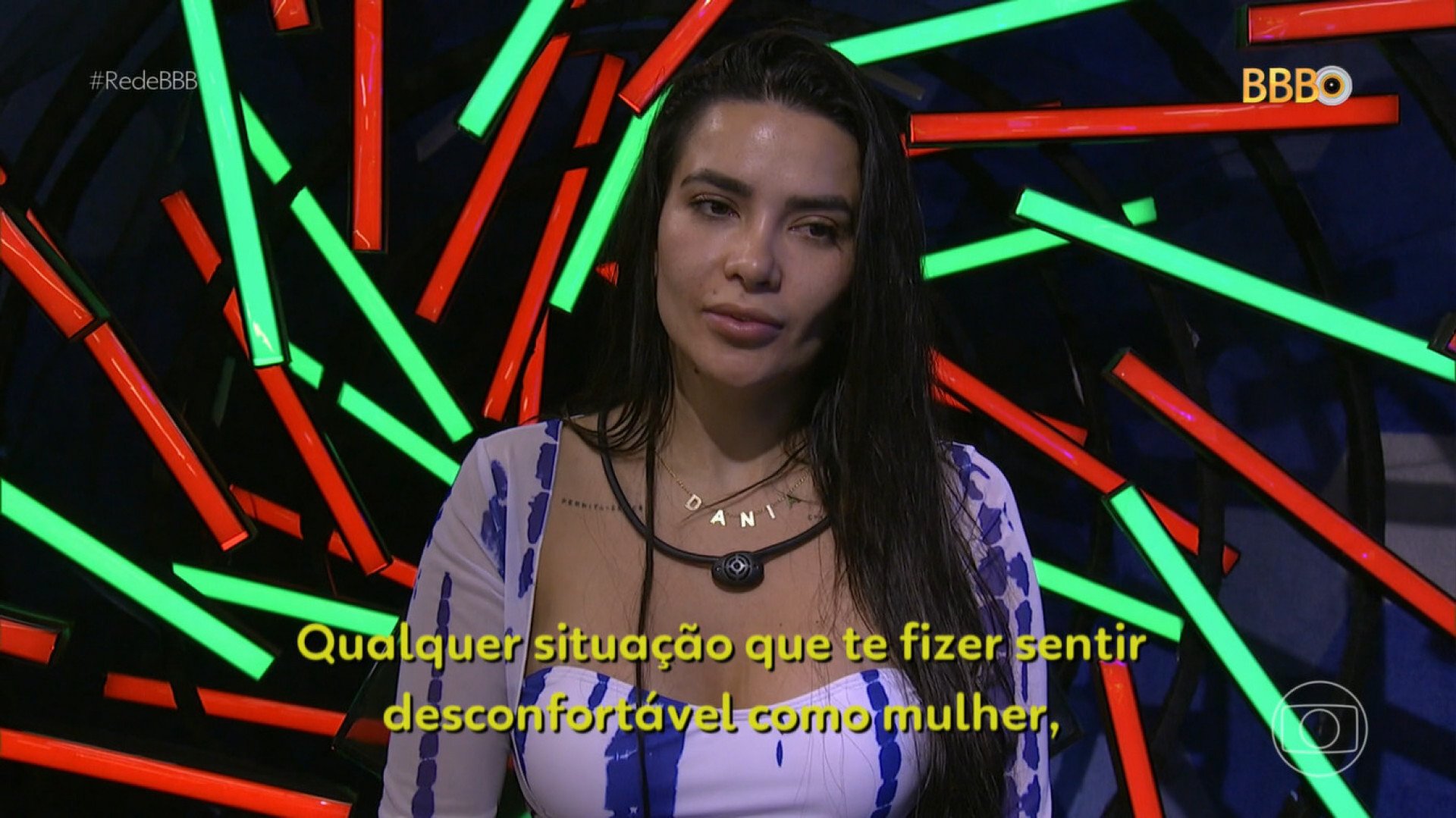 Dania Mendez foi chamada ao confessionário para comentar as cenas de assédio da última festa do Líder - Reprodução/Globoplay