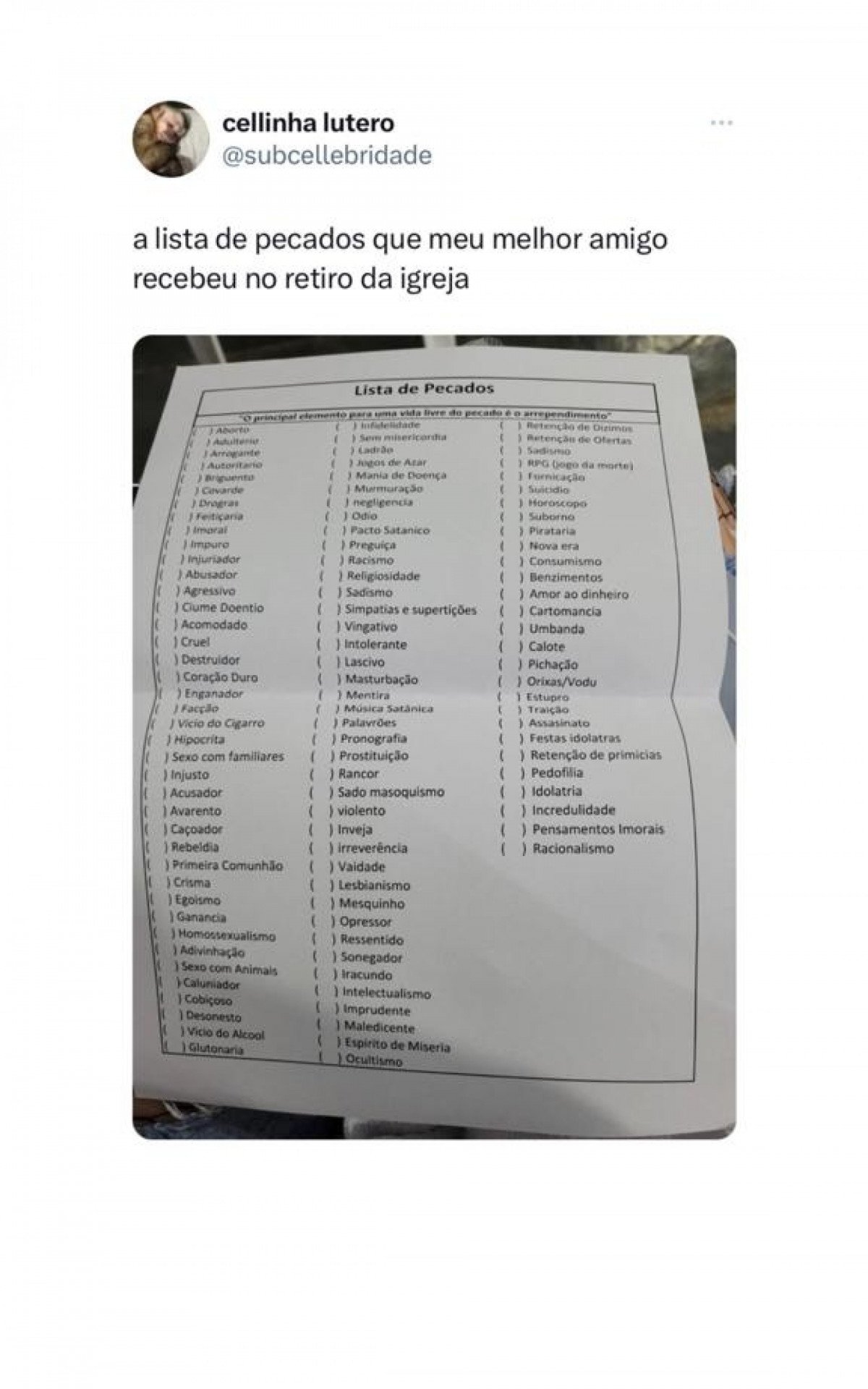 De horóscopo a aborto: 'Lista de pecados' recebida em retiro vira chacota  nas redes sociais, Diversão