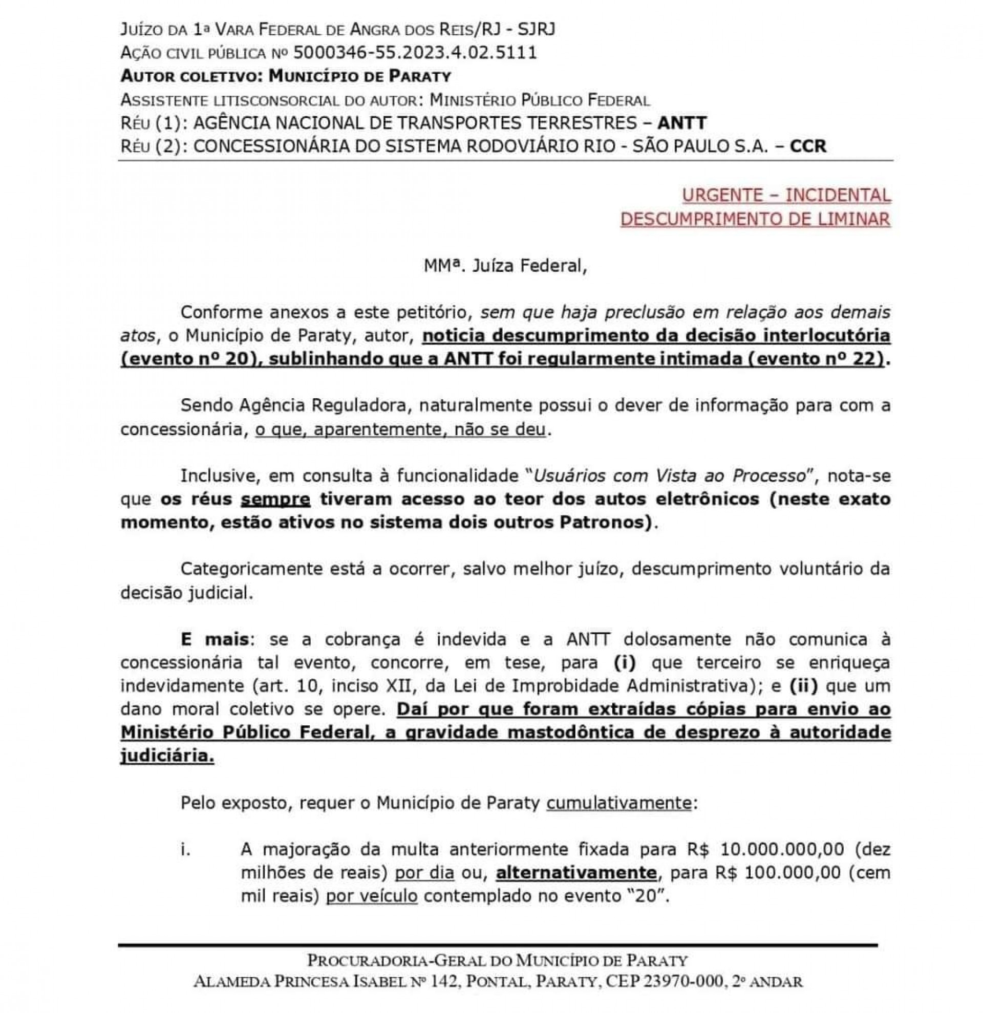 Nova ação da prefeitura de Paraty na Justiça Federal contra a CCRRioSP  - Divulgação/prefeitura de Paraty