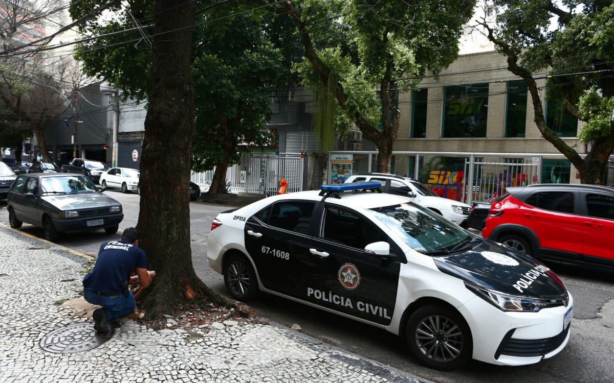 Per&iacute;cia colhe material em &aacute;rvores na Rua Afonso Pena, na Tijuca