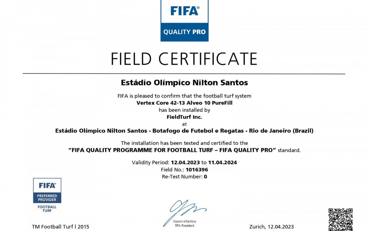Certificado FIFA Quality PRO do Est&aacute;dio Nilton Santos