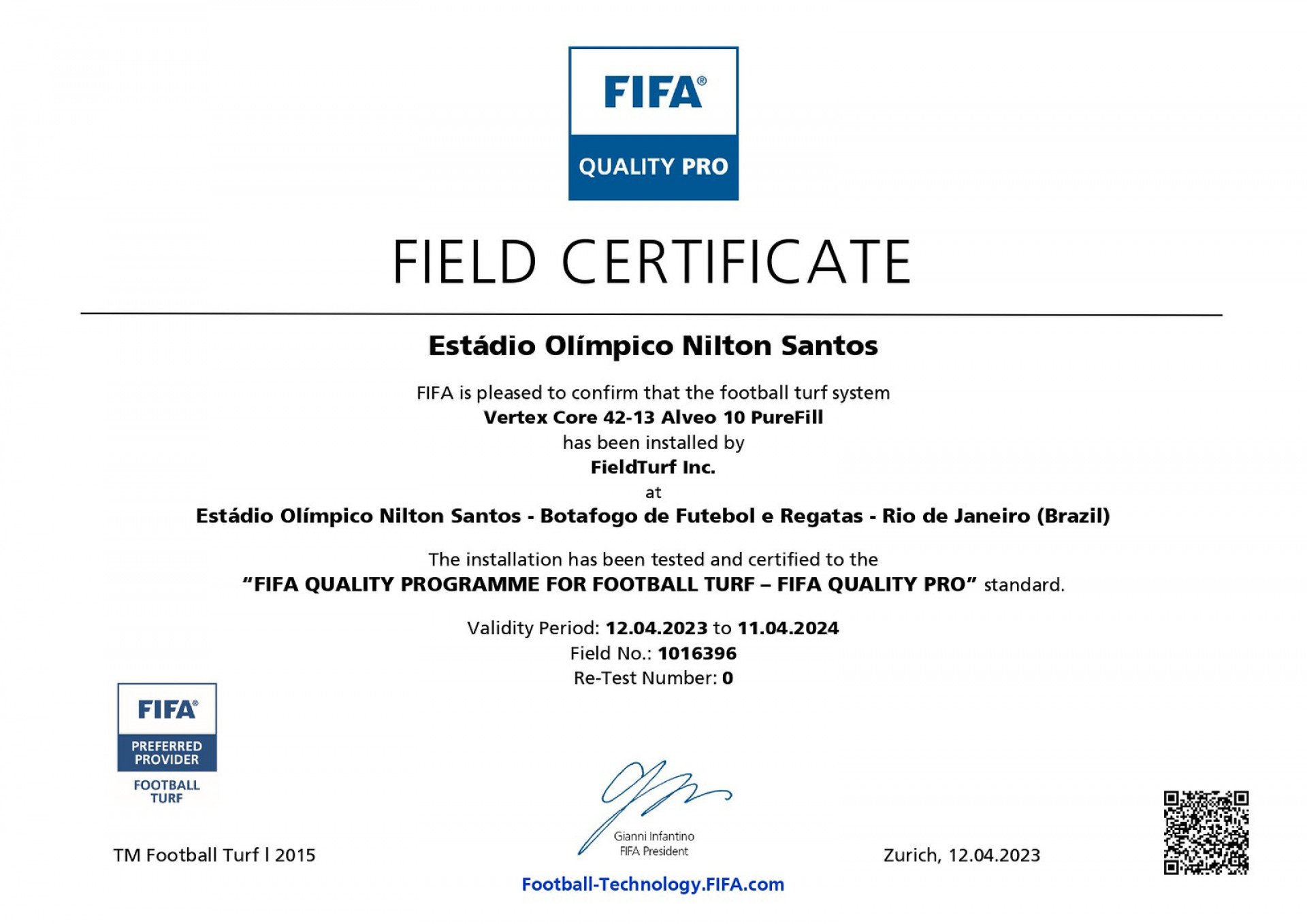 Certificado FIFA Quality PRO do Estádio Nilton Santos - Foto: Divulgação/Botafogo