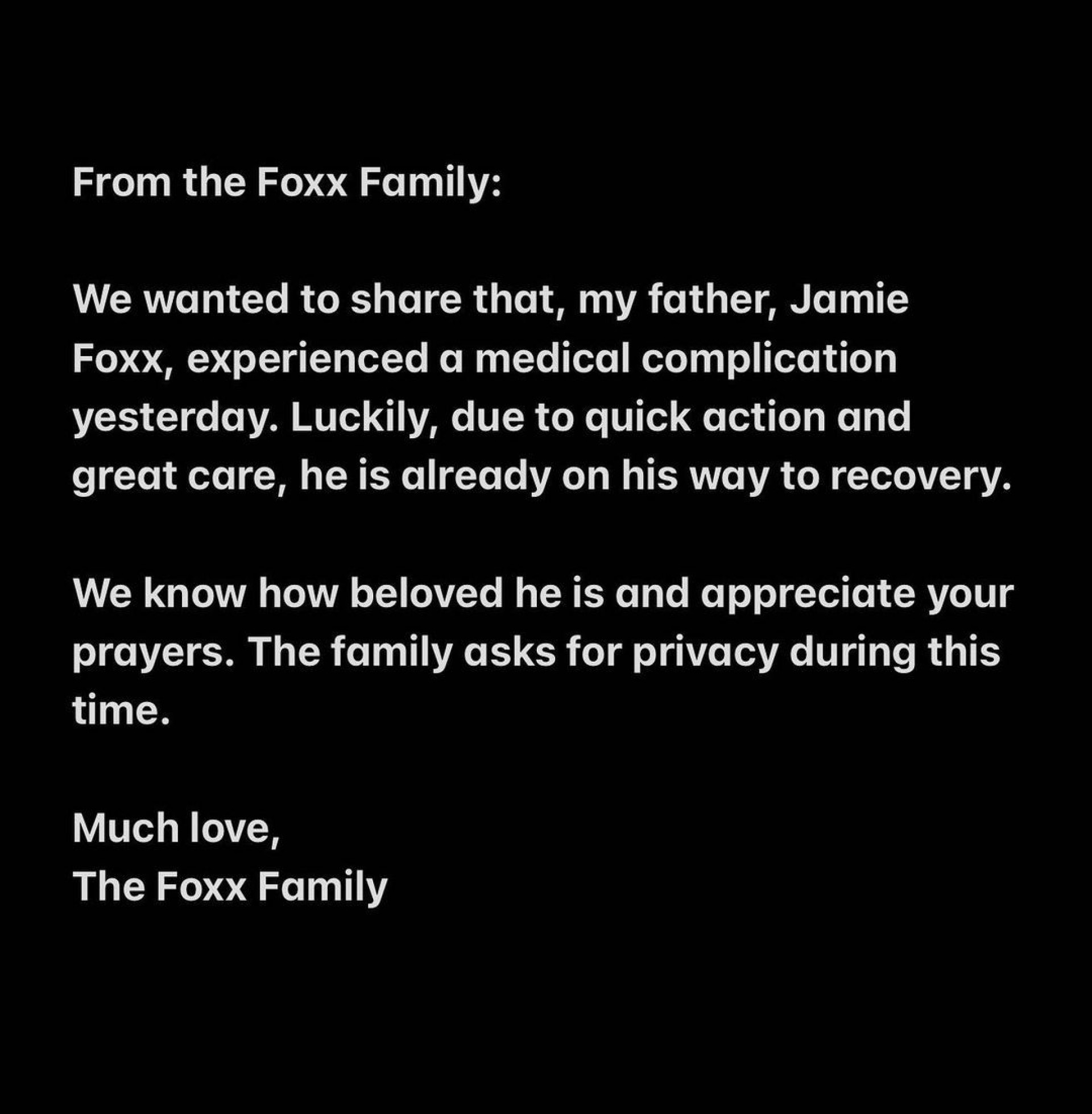 Filha de Jamie Foxx informa que ele foi internado após complicação médica - Reprodução Internet