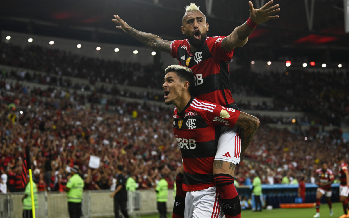Flamengo's forward Pedro celebrates after scoring against &Ntilde;ublense during the Copa Libertadores group stage first leg football match between Flamengo and &Ntilde;ublense at the Maracana stadium in Rio de Janeiro, Brazil, on April 19, 2023.