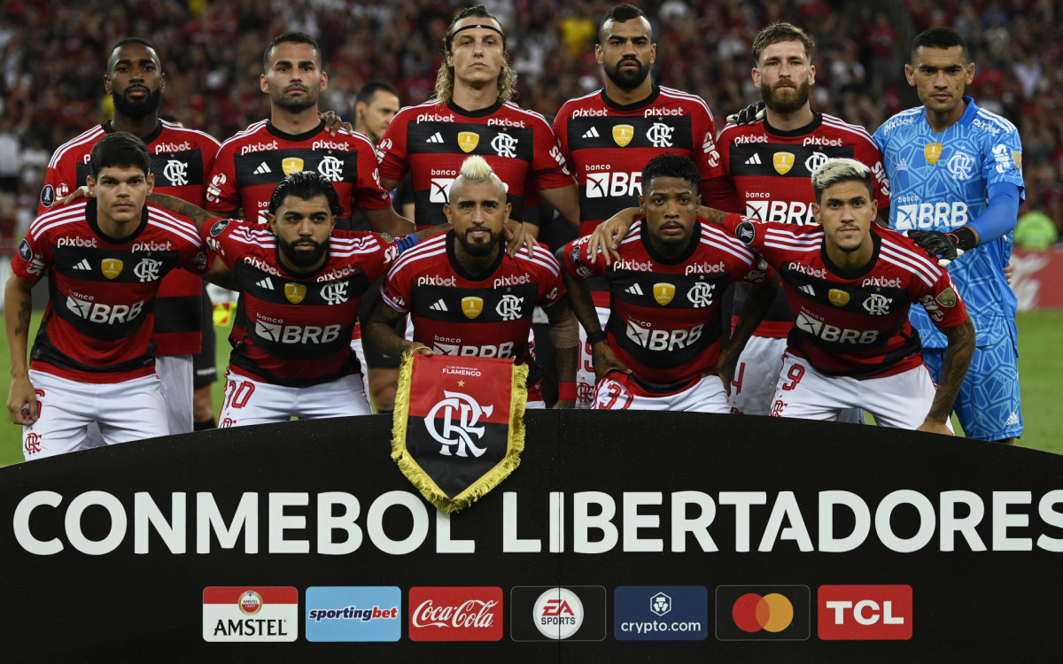 Flamengo's forward Pedro celebrates after scoring against &Ntilde;ublense during the Copa Libertadores group stage first leg football match between Flamengo and &Ntilde;ublense at the Maracana stadium in Rio de Janeiro, Brazil, on April 19, 2023.