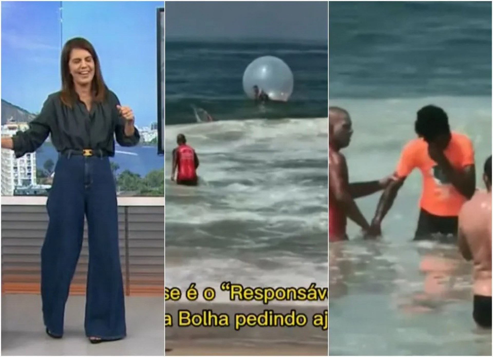 Mariana Gross ri ao ler matéria sobre acidente da bolha inflável, em Copacabana  - Reprodução