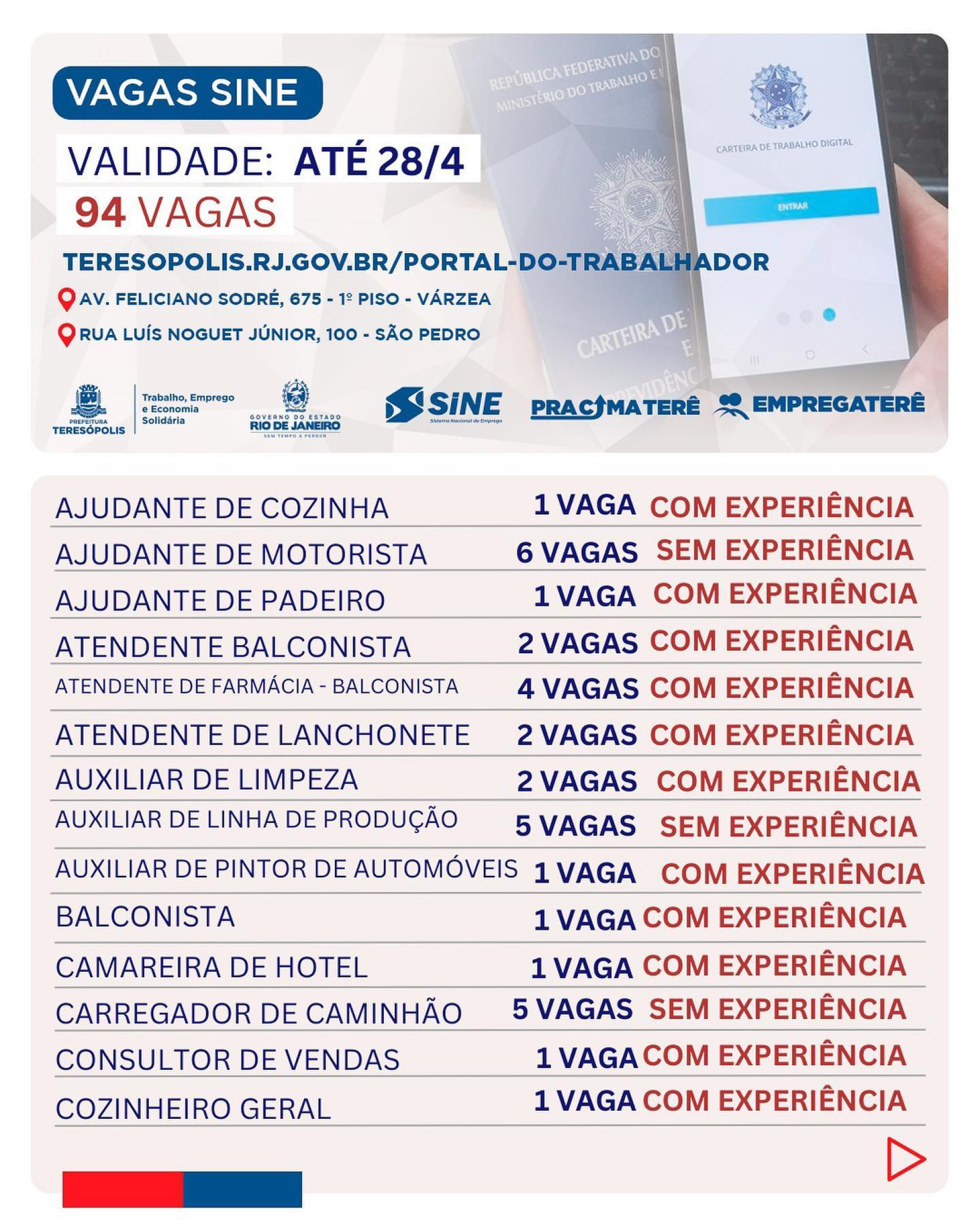 Teresópolis tem 94 vagas de emprego até 28 de abril - Prefeitura de Teresópolis