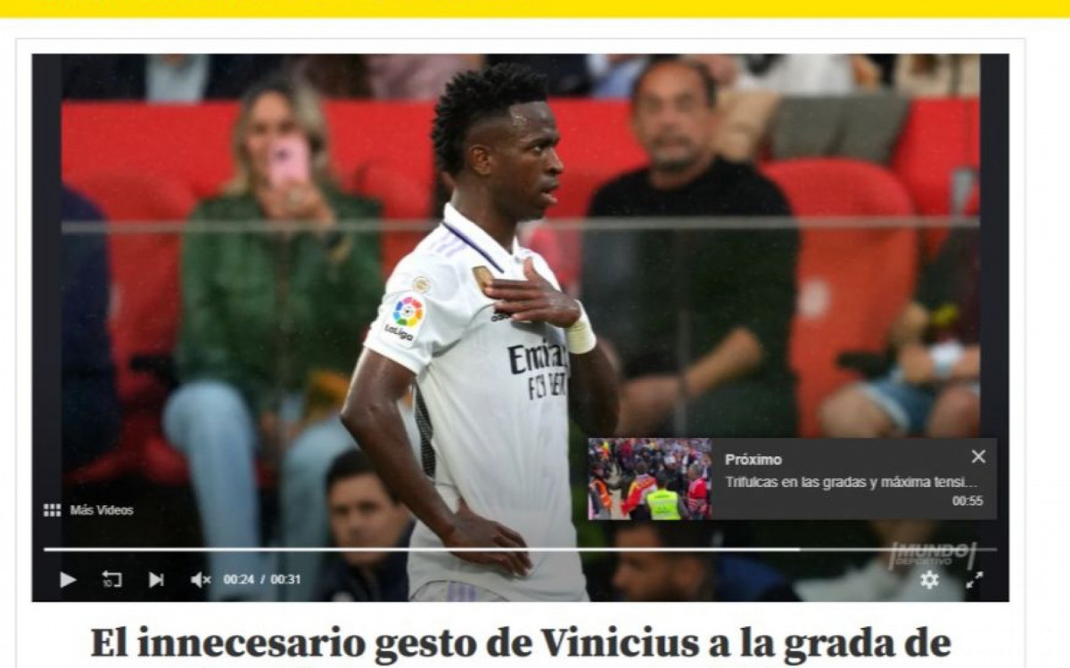 Jornal 'Mundo Deportivo', da Espanha, critica gesto de Vin&iacute;cius J&uacute;nior