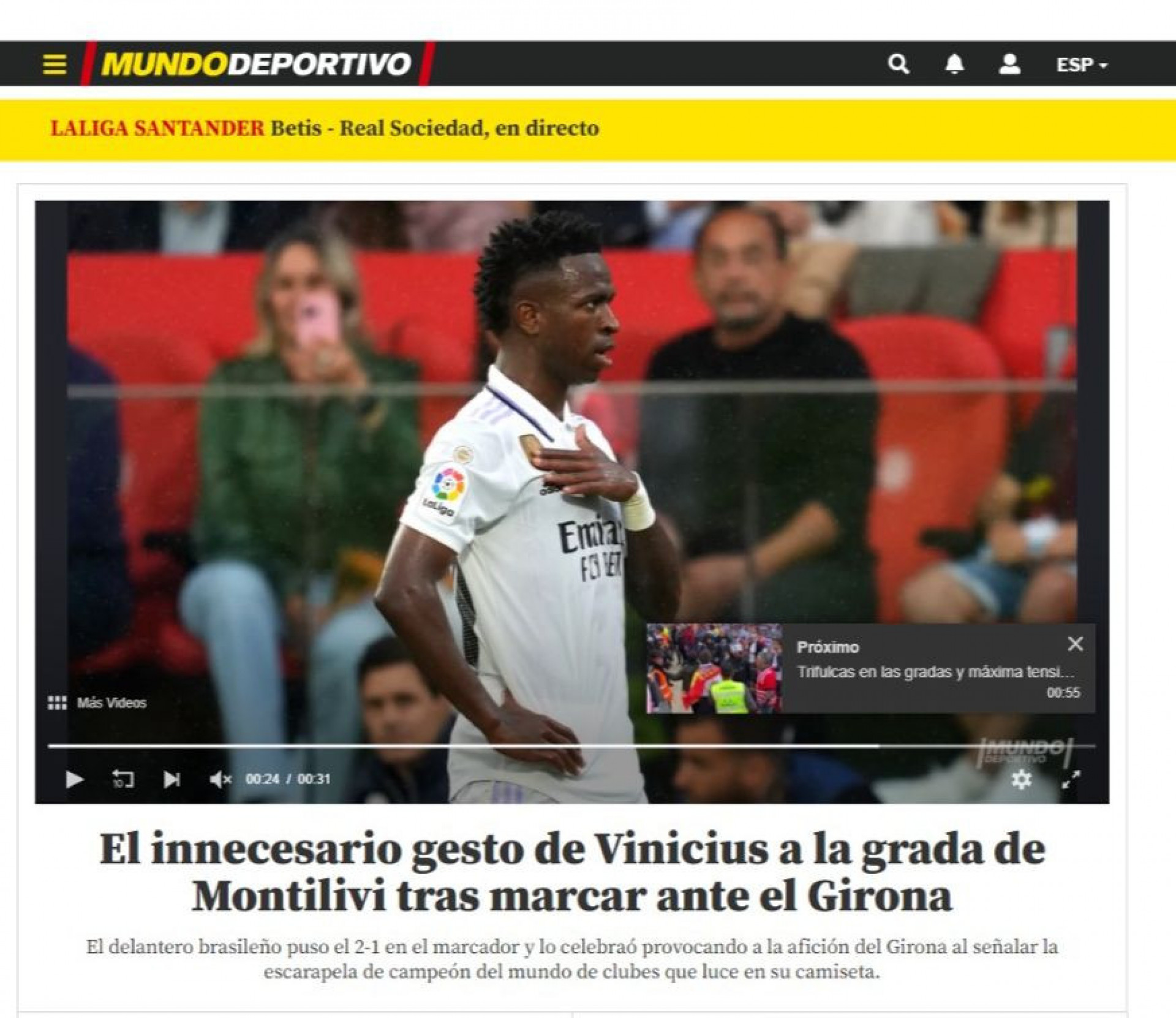 Jornal 'Mundo Deportivo', da Espanha, critica gesto de Vinícius Júnior - Foto: Reprodução/Mundo Deportivo