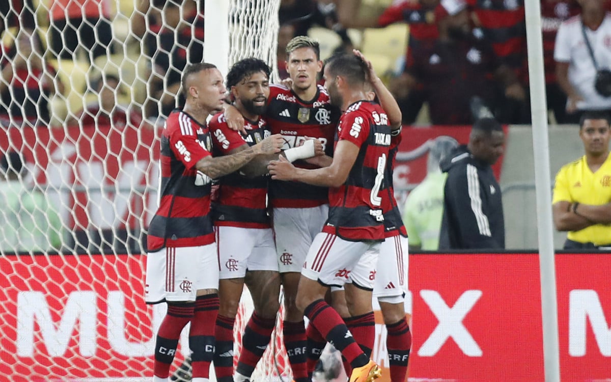 Jogadores do Flamengo comemoram gol na partida sobre o Maring&aacute;