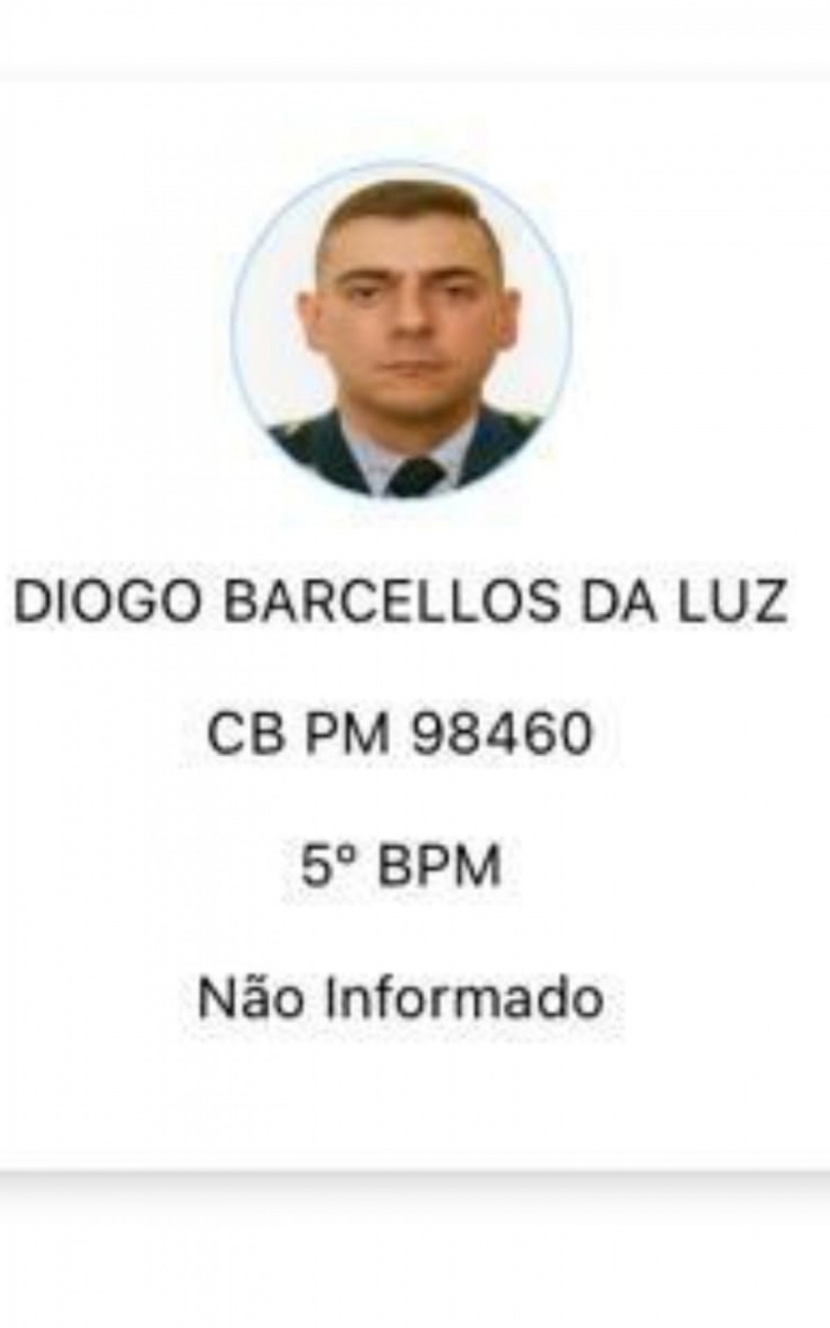 Diogo Barcellos da Luz, lotado no 5&ordm; BPM (Gamboa), matou a pr&oacute;pria esposa