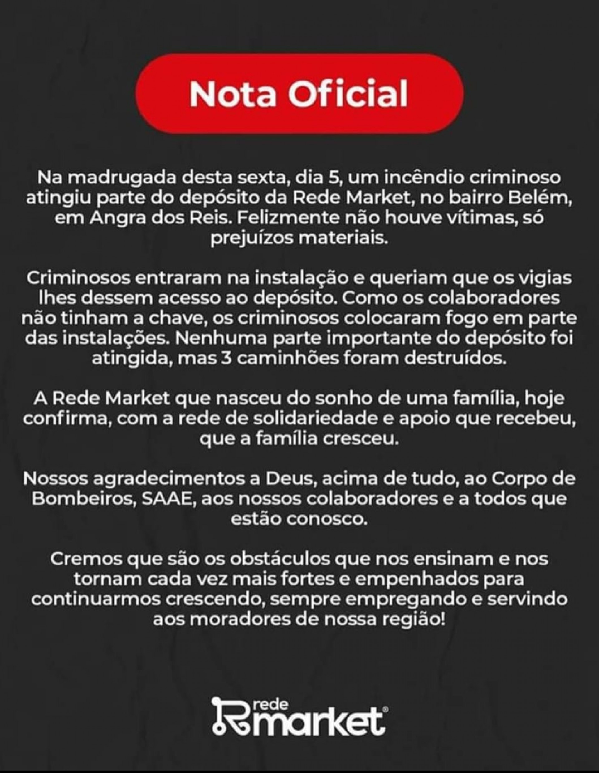 Estabelecimento afirma que o inc&ecirc;ndio foi criminoso em nota  - Divulga&ccedil;&atilde;o/reprodu&ccedil;&atilde;o rede social