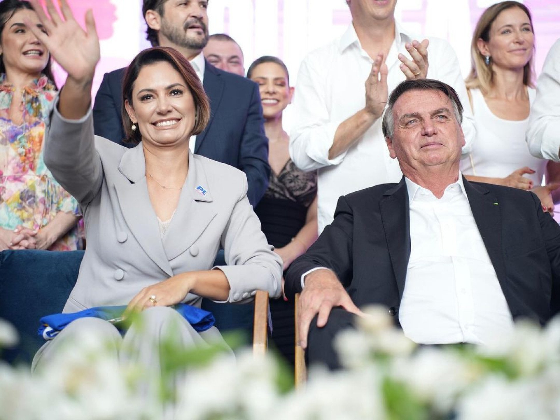 Michelle e Jair Bolsonaro durante evento do PL - Reprodução/Redes Sociais