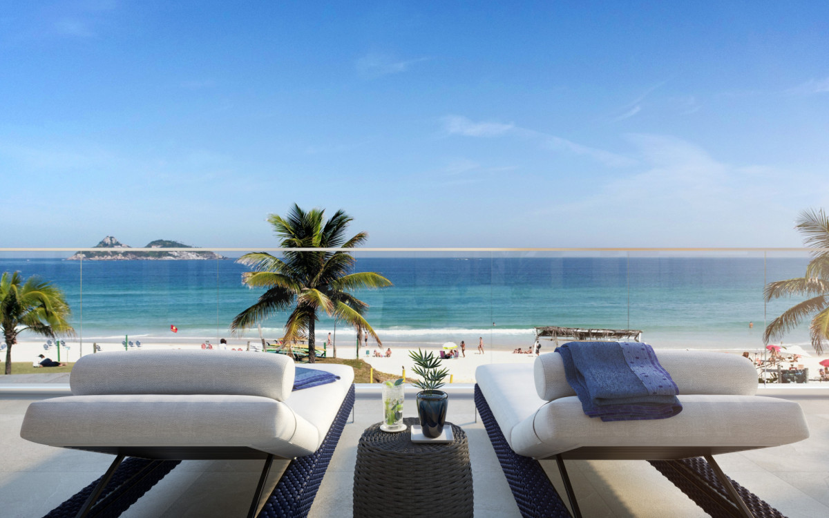 Terraço de residencial no Jardim Oceânico. Ideia foi estender a praia até o condomínio que tem vista para o mar e para as montanhas