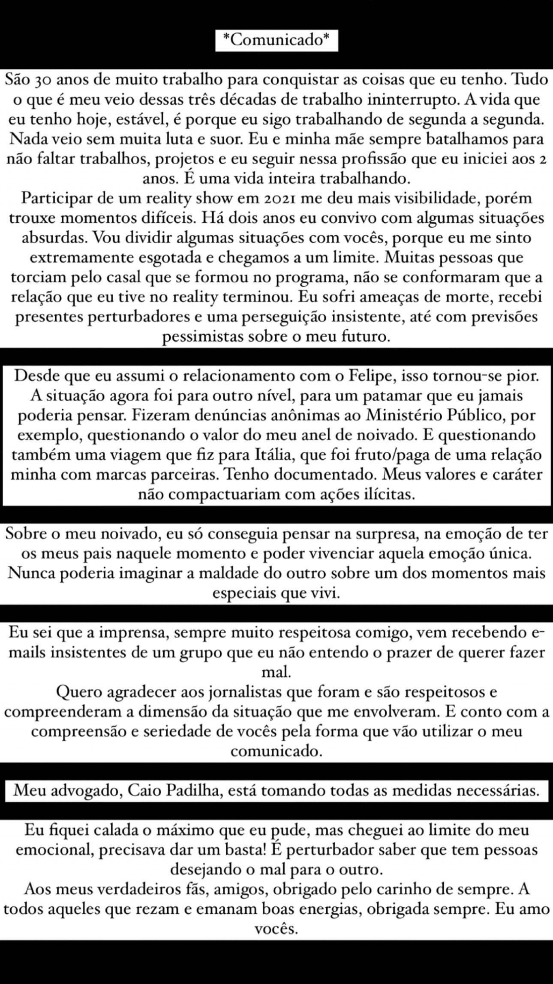 Carla Diaz avisou que tomará medidas judiciais em resposta a denúncias por anel de noivado e viagem à Itália - Reprodução/Instagram