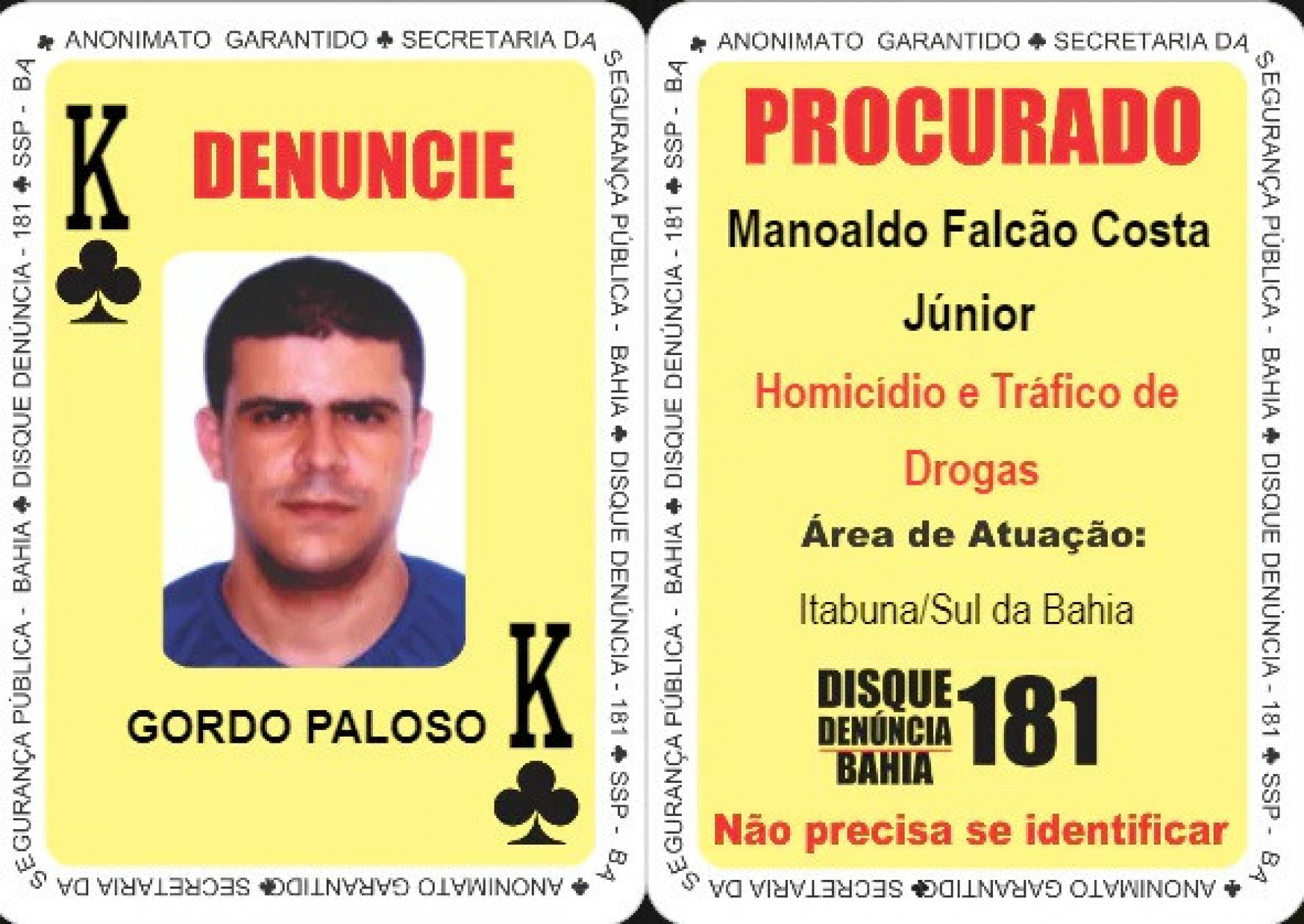 Gordo Paloso é Rei de Paus no Baralho do Crime do Disque Denúncia da Bahia - Divulgação/Disque Denúncia