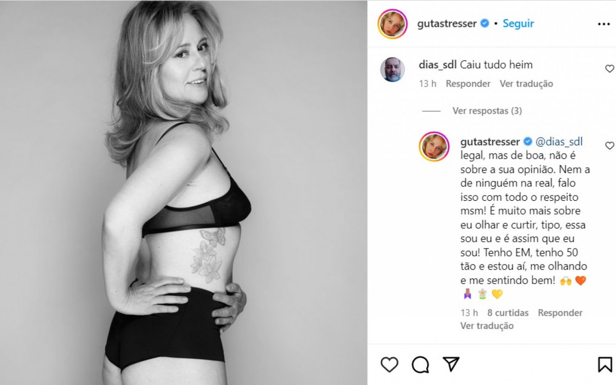 Guta Stresser posa de lingerie, recebe cr&iacute;tica de seguidor e rebate: 'N&atilde;o &eacute; sobre sua opini&atilde;o'