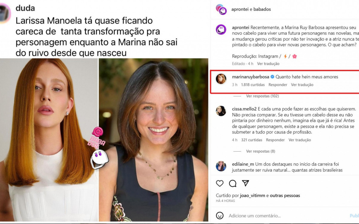 Marina Ruy Barbosa rebate crítica após ser comparada com Larissa Manoela