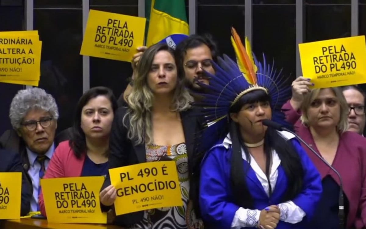 Célia Xakriabá, primeira indígena eleita Deputada Federal por Minas Gerais, durante votação - Reprodução/TV Câmara