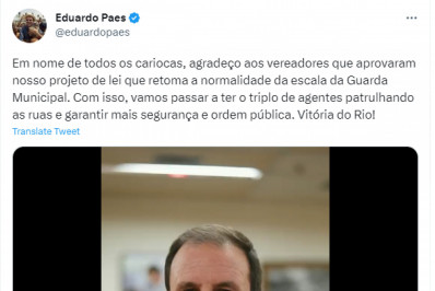 Eduardo Paes comemora mudança de escala da Guarda Municipal nas redes