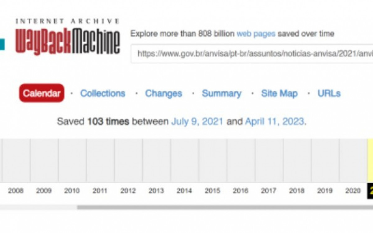 Ao colocar a URL da nota da Anvisa na caixa de pesquisa do Wayback Machine, o site informa as capturas de tela que foram feitas do conte&uacute;do  - Reprodu&ccedil;&atilde;o