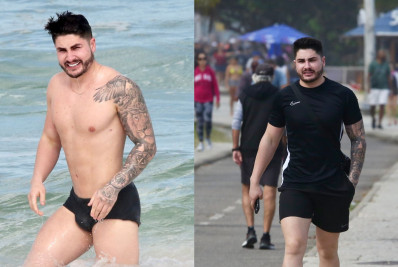 Ex de Jojo Todynho, Lucas Souza curte praia em dia frio no Rio