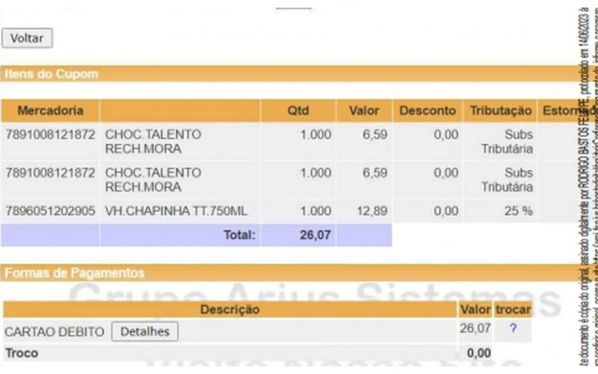 Registro de compra apresentando pela v&iacute;tima 