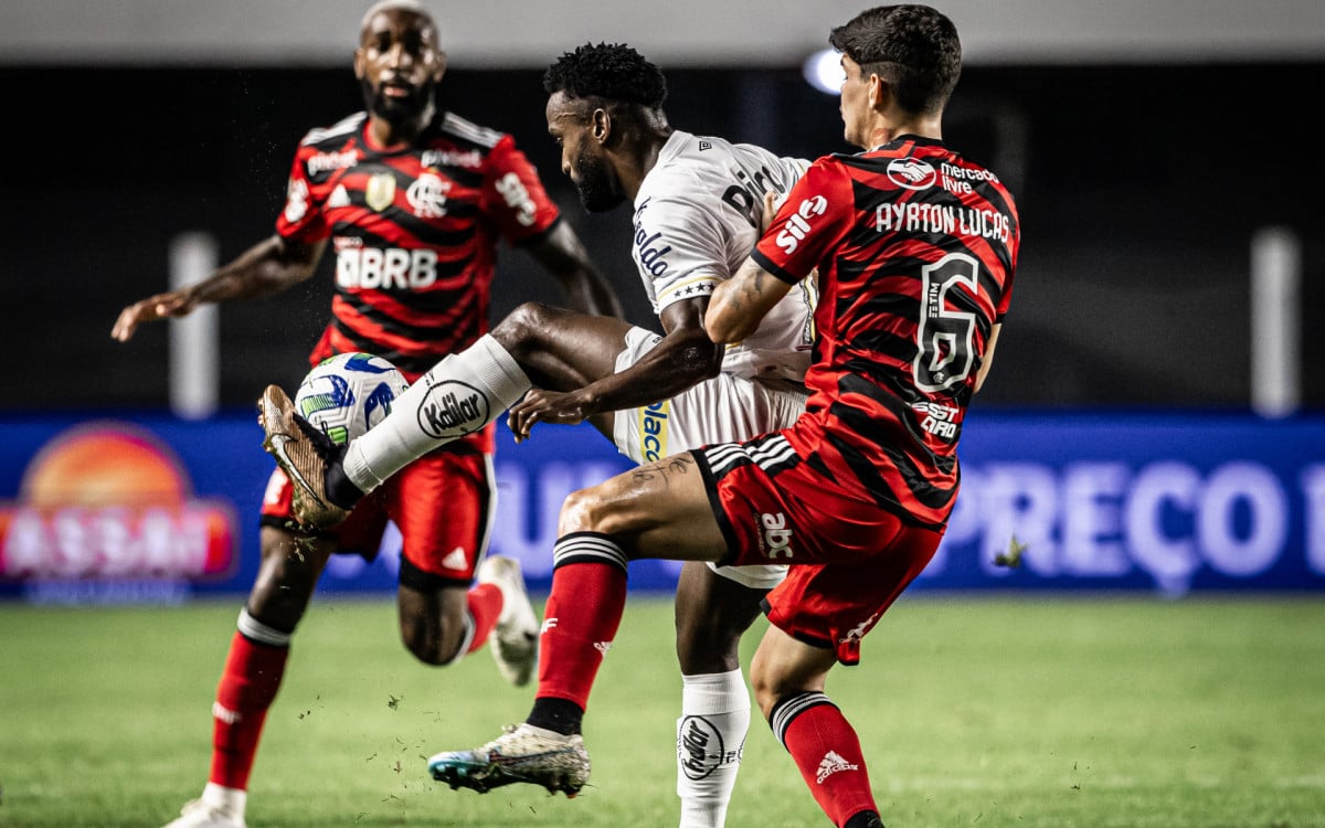 Flamengo venceu o Santos por 3 a 2, neste domingo (25), na Vila Belmiro, em jogo v&aacute;lido pela 12&ordf; rodada do Brasileir&atilde;o
