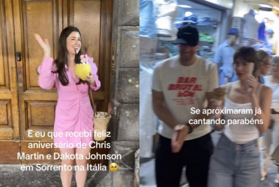 Brasileira ganha feliz aniversário de Chris Martins e Dakota Johnson na Itália