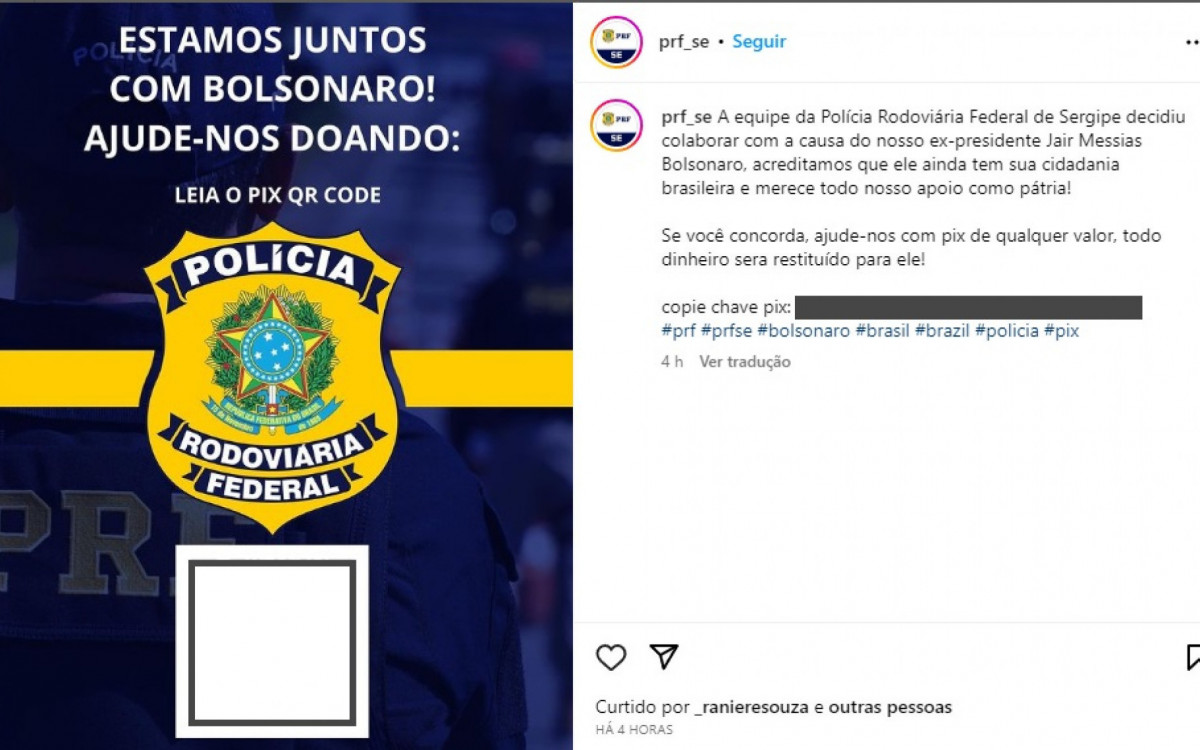 Publicação da PRF de Sergipe com o pedido de contribuição para a 'vaquinha' de Jair Bolsonaro