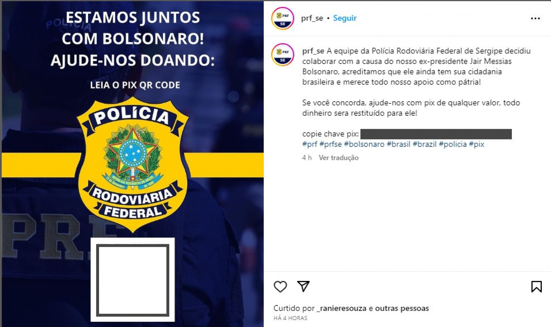 Publicação da PRF de Sergipe com o pedido de contribuição para a 'vaquinha' de Jair Bolsonaro - Reprodução/Instagram