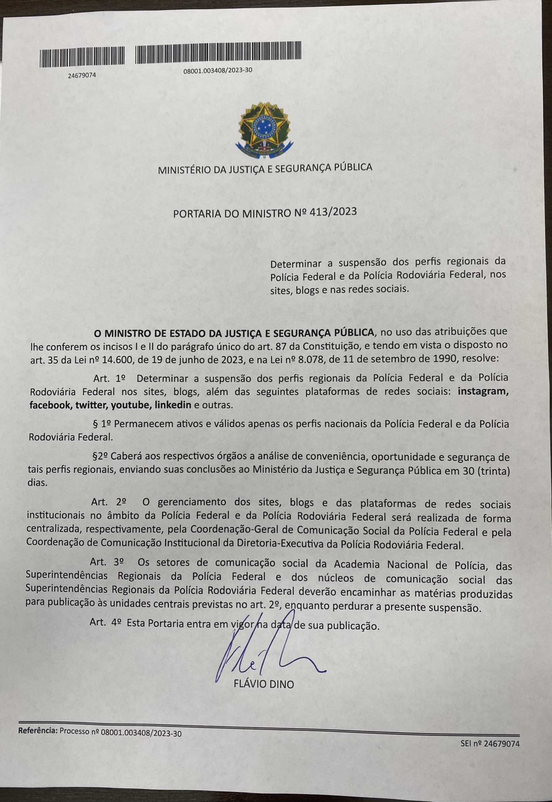 Portaria assinada por Flavio Dino para abrir sindic&acirc;ndia interna na PRF - Reprodu&ccedil;&atilde;o/Twitter