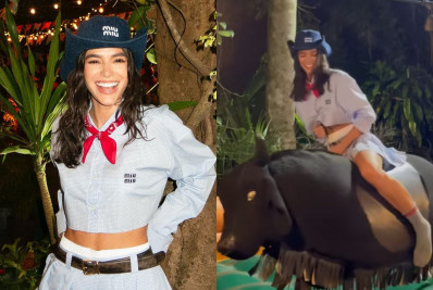 Vídeo: Bruna Marquezine se diverte com touro mecânico em festa junina