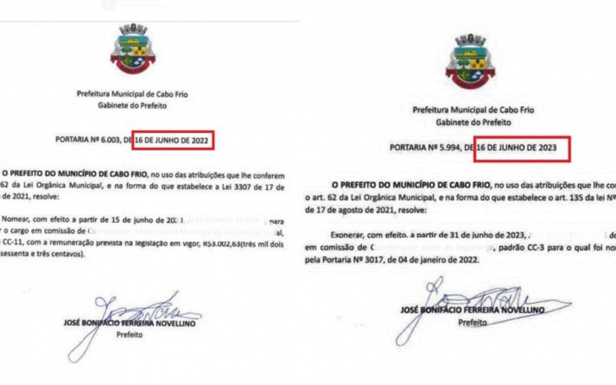 Assinaturas de pr&oacute;prio punho de Bonif&aacute;cio em junho de 2022 e junho de 2023