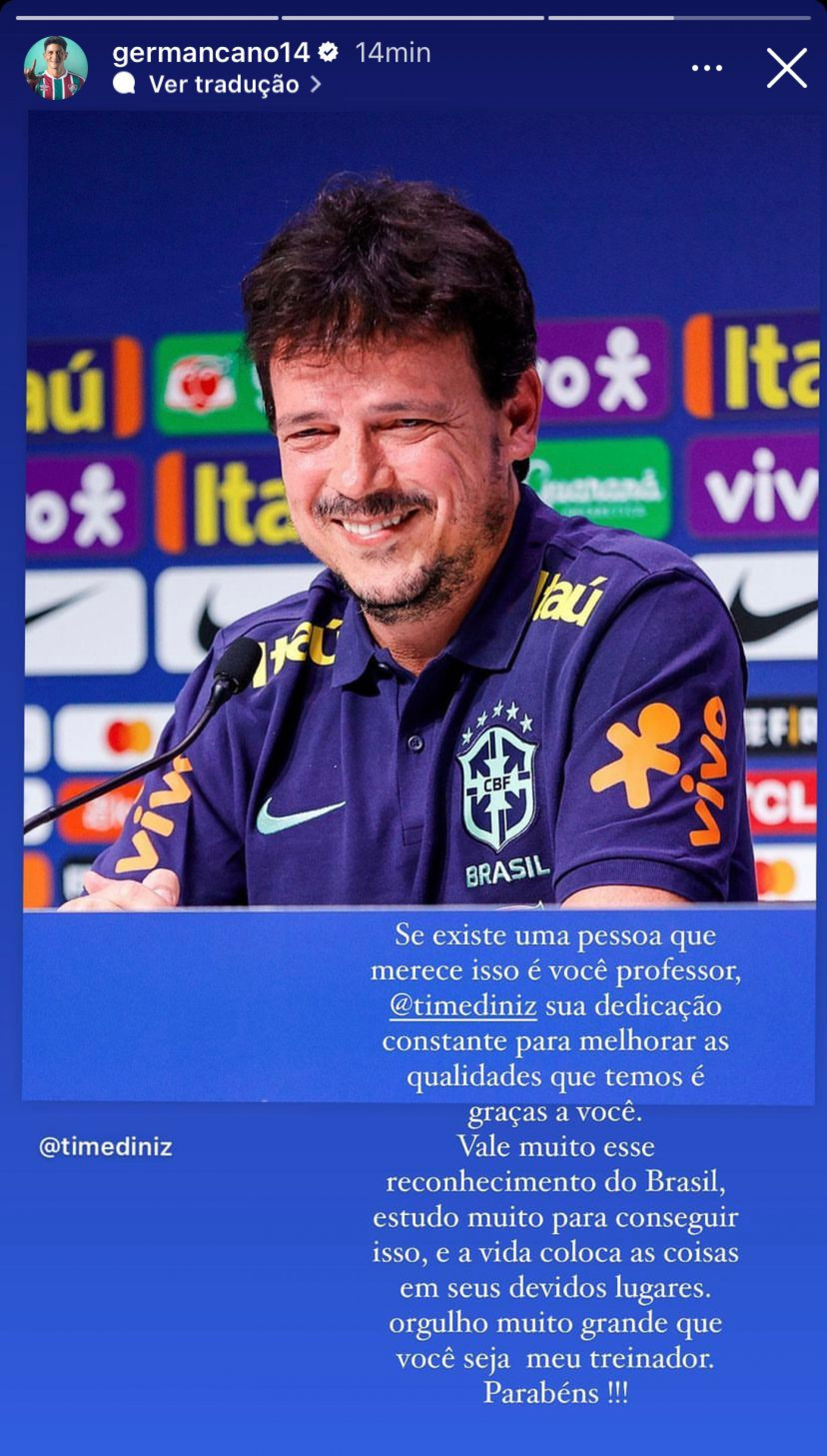 Germán Cano parabeniza Fernando Diniz - Foto: Reprodução/Instagram @germancano14